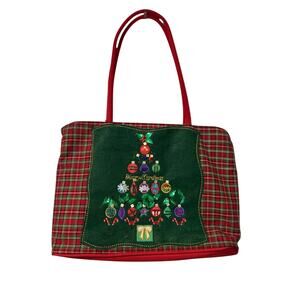 Christmas Tote Bag Plaid Ornament Tree Embroidered Beaded Y2K Holiday Kim Rogers